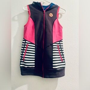 Roxy Pink Dark Gray & Navy Blue Striped Scuba Vest With Hood Womens Size Medium